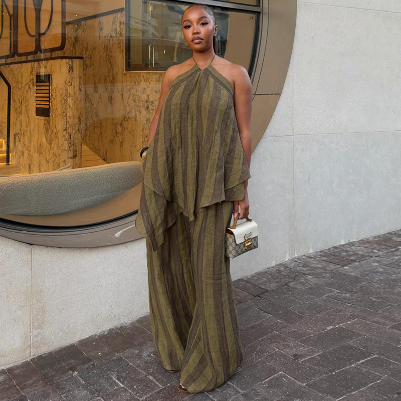 欧美跨境女装2026夏季新款洋气挂脖无袖不规则上衣阔腿长裤套装