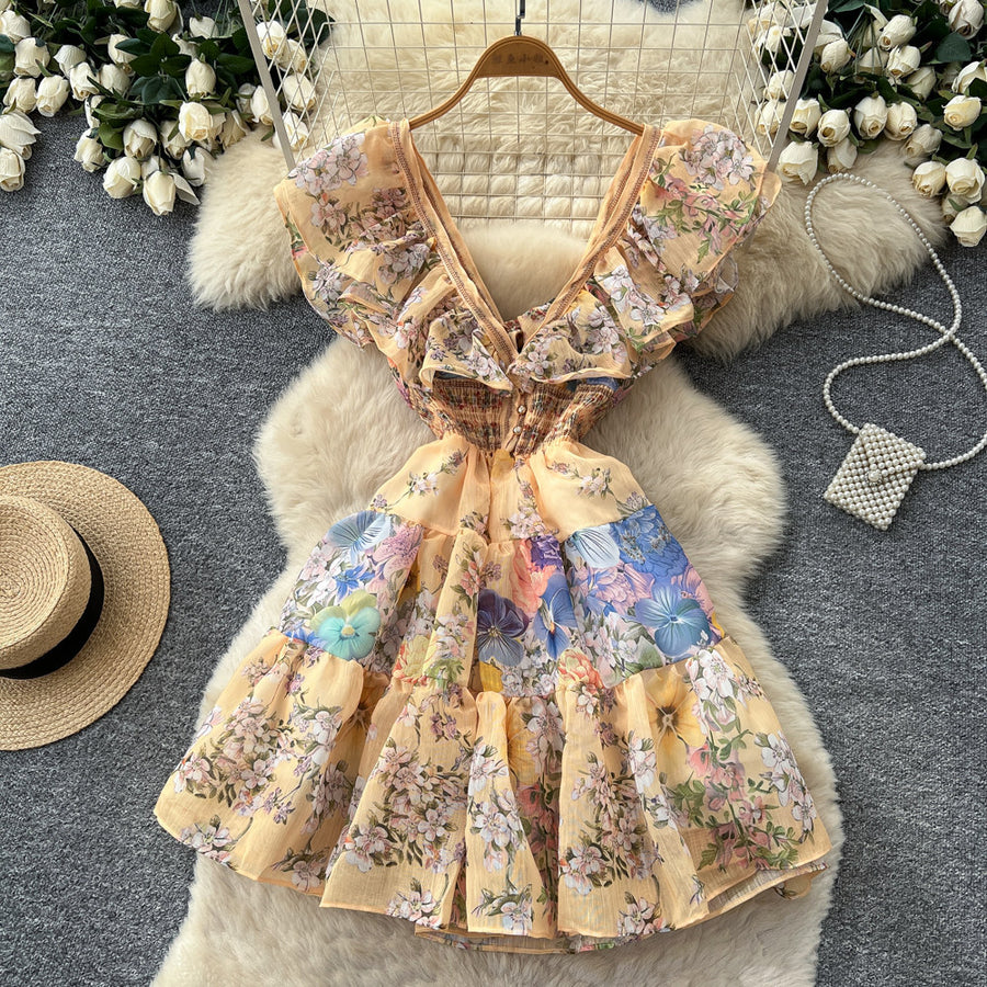 Women's Floral Ruffle V-Neck Cutout A-Line Dress - Additional View 10