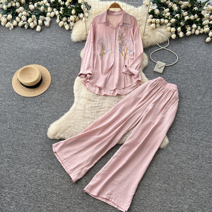 Women's Embroidered Shirt and Wide Leg Pants Set - Back View
