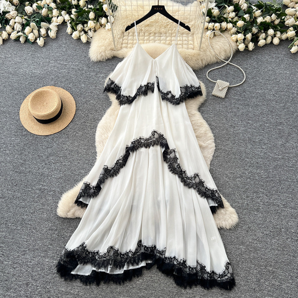 Women's Lace Trim V-Neck Asymmetrical Maxi Dress - Back View