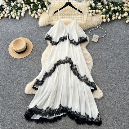 Women's Lace Trim V-Neck Asymmetrical Maxi Dress - Back View