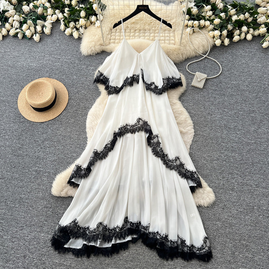 Women's Lace Trim V-Neck Asymmetrical Maxi Dress - Back View