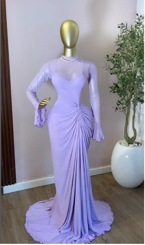 现货2026秋冬欧美INS女网纱褶皱长裙气质优雅礼服拼接长袖连衣裙
