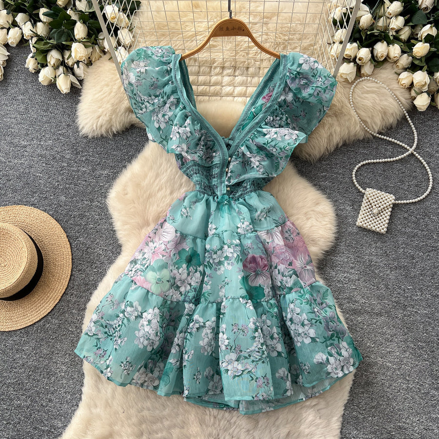 Women's Floral Ruffle V-Neck Cutout A-Line Dress - Additional View 11