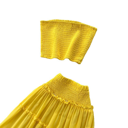Women's Yellow Pleated Layered Two Piece Skirt Set - Detail View