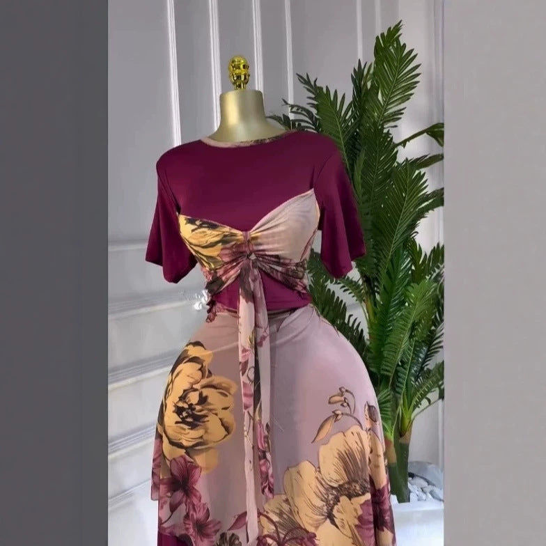 现货2026跨境欧美女装短袖圆领长裙印花拼接甜美礼服连衣裙