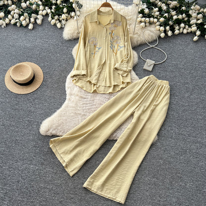 Women's Embroidered Shirt and Wide Leg Pants Set - Detail View
