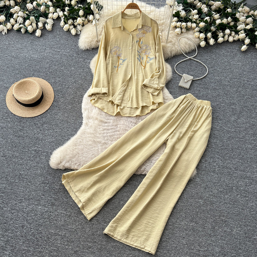 Women's Embroidered Shirt and Wide Leg Pants Set - Detail View
