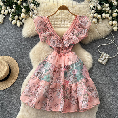 Women's Floral Ruffle V-Neck Cutout A-Line Dress - Additional View 12