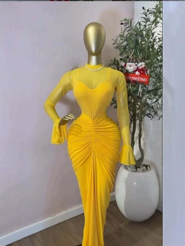 现货2026秋冬欧美INS女网纱褶皱长裙气质优雅礼服拼接长袖连衣裙