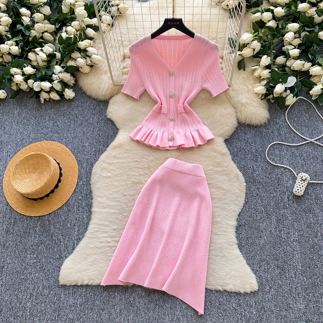 Women's Pink Knit V-Neck Ruffle Two Piece Set - Model Wearing Style