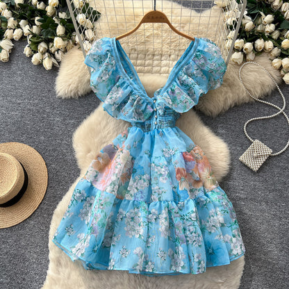 Women's Floral Ruffle V-Neck Cutout A-Line Dress - Back View