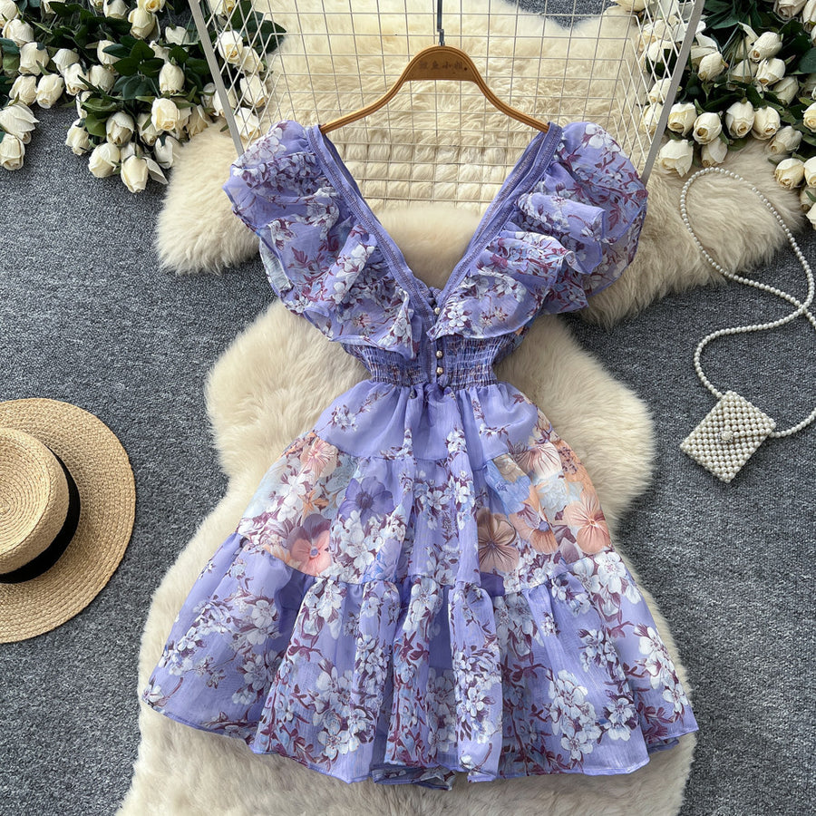 Women's Floral Ruffle V-Neck Cutout A-Line Dress - Additional View 7