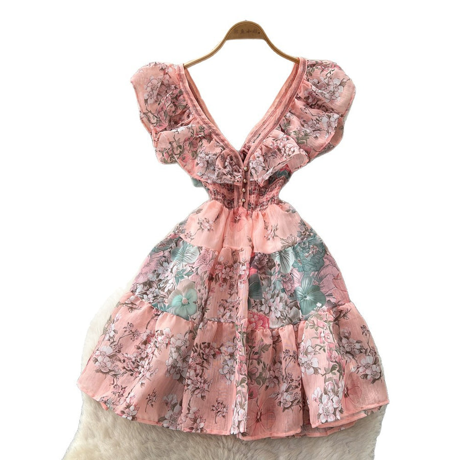 Women's Floral Ruffle V-Neck Cutout A-Line Dress - Detail View