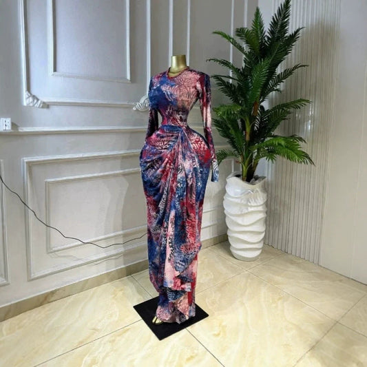 现货2026春夏跨境INS欧美印花长袖褶皱礼服气质优雅度假长连衣裙