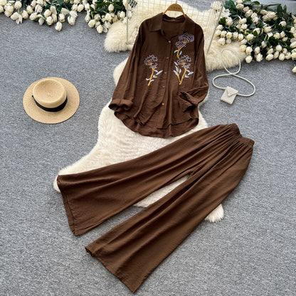 Women's Embroidered Shirt and Wide Leg Pants Set - Additional View 9