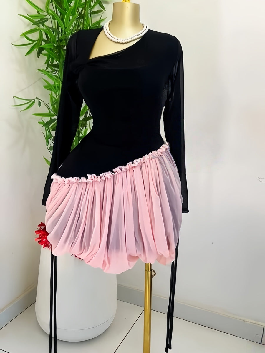 现货2026跨境欧美女INS甜美气质斜领短裙长袖绑带花苞生日连衣裙