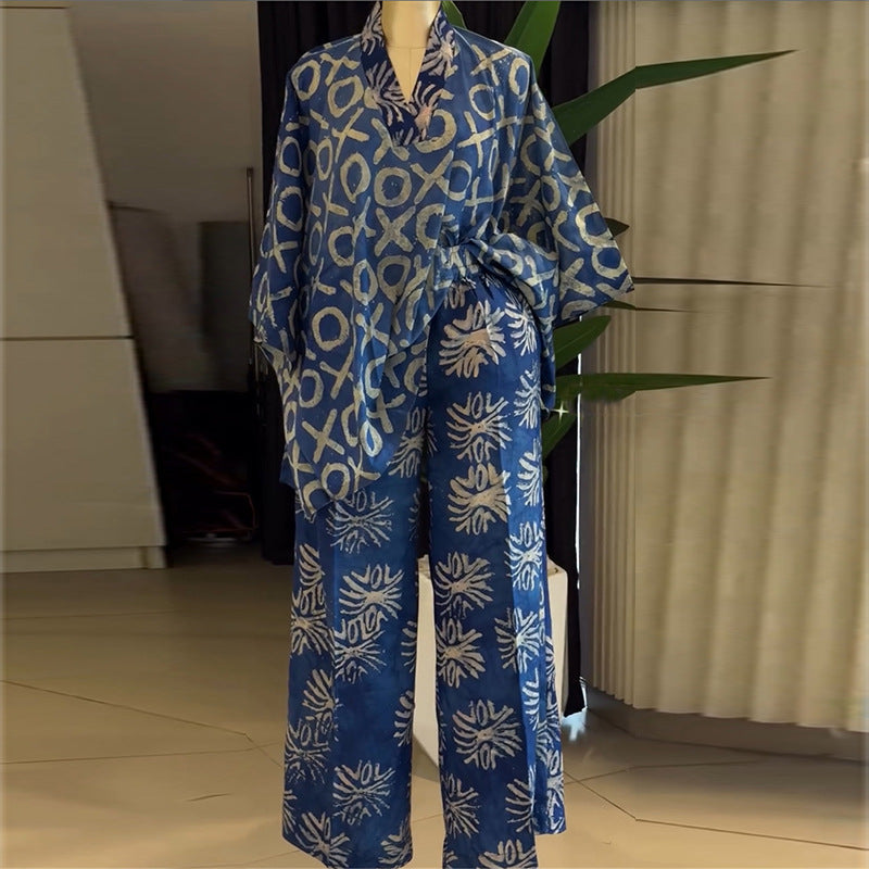 欧美女装2026夏季新款甜美清新印花V领蝙蝠袖高腰直筒裤两件套