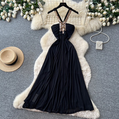 Women's Rhinestone Halter V-Neck Black Maxi Dress - Model Wearing Style