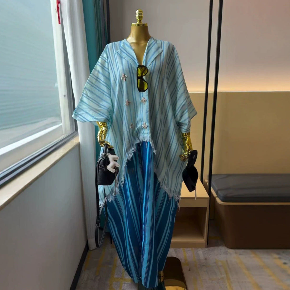欧美跨境女装2026夏季新款非洲大码时尚条纹宽松短袖衬衫连衣裙