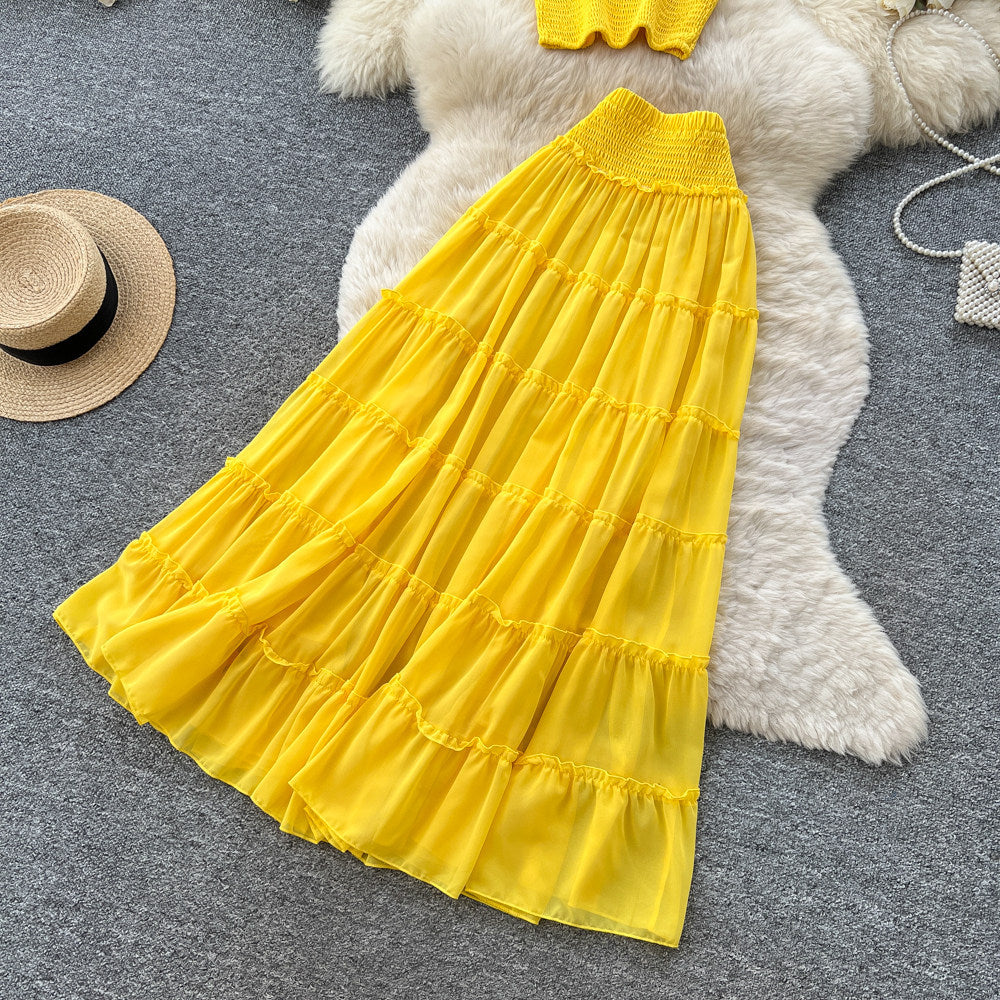 Women's Yellow Pleated Layered Two Piece Skirt Set - Back View