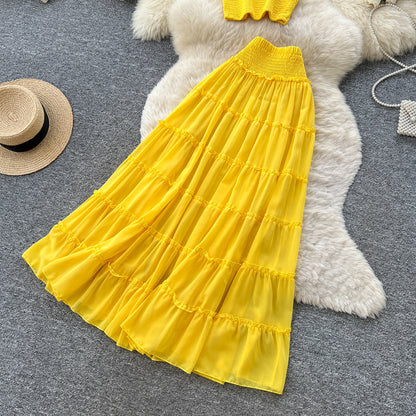 Women's Yellow Pleated Layered Two Piece Skirt Set - Back View