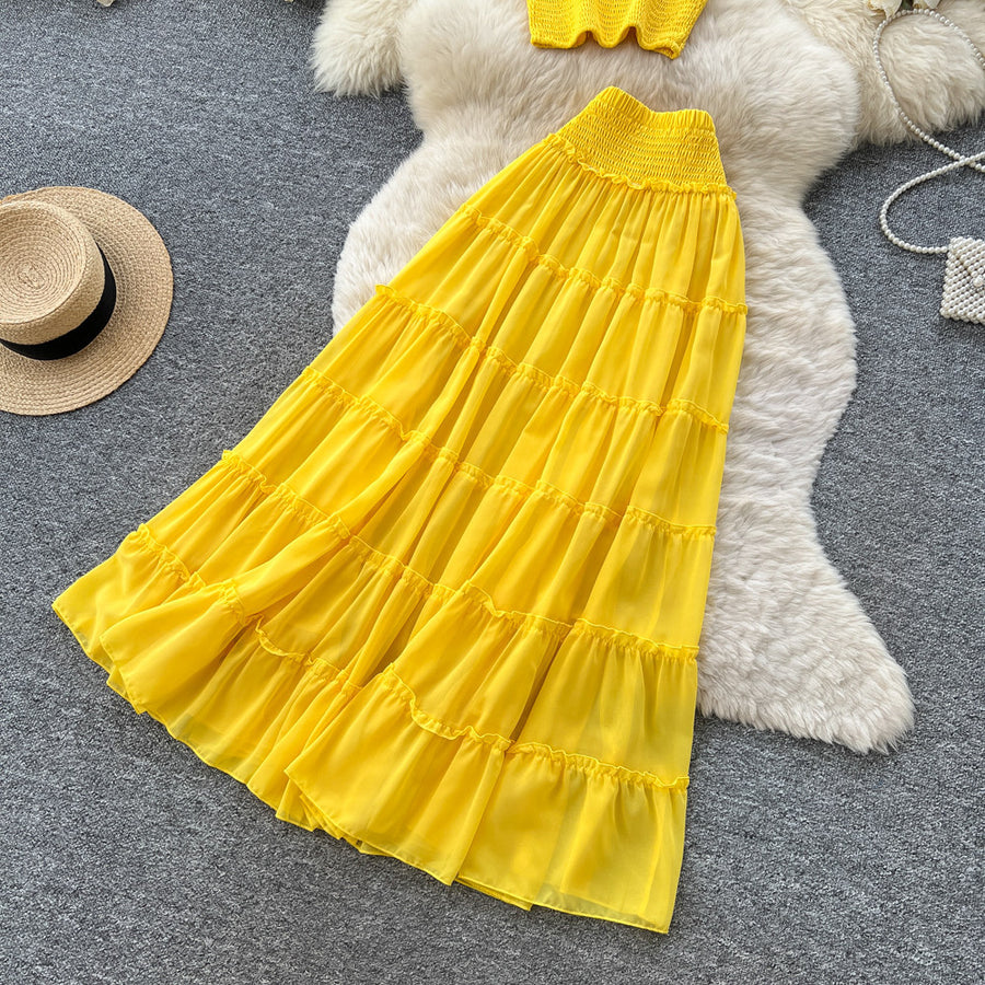 Women's Yellow Pleated Layered Two Piece Skirt Set - Back View