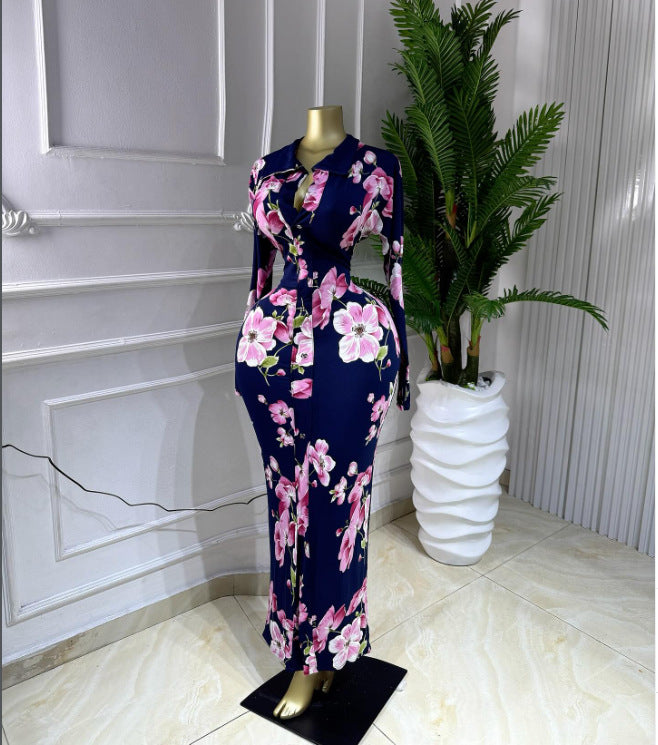 现货2026新品女装跨境INS欧美长袖翻领印花显瘦收腰礼服单排扣连