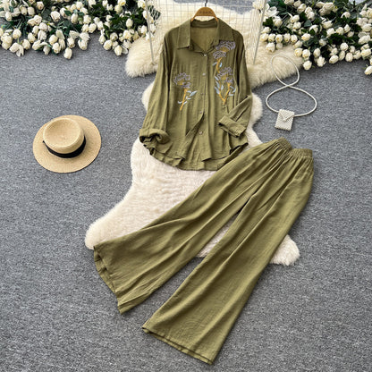 Women's Embroidered Shirt and Wide Leg Pants Set - Model Wearing Style