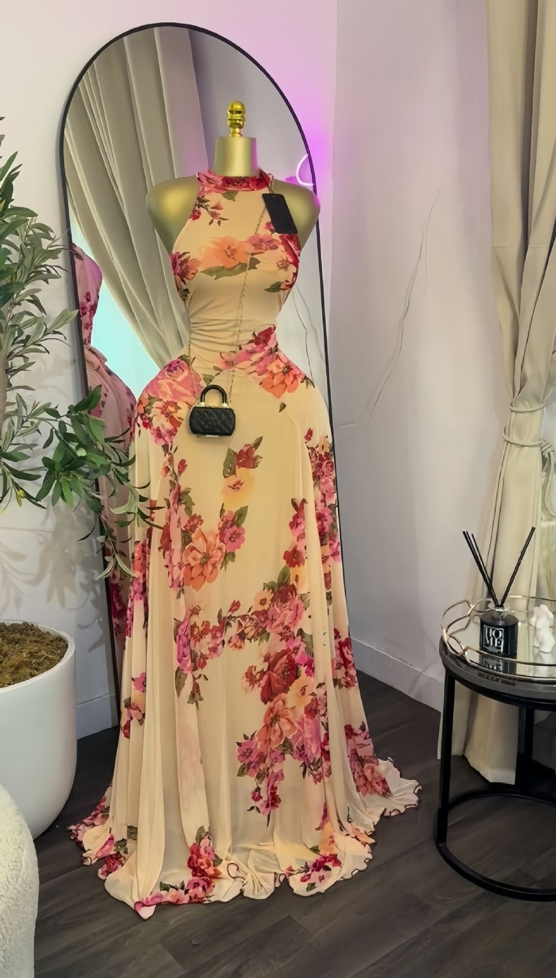 现货2026欧美女装连衣裙度假无袖印花甜美礼服优雅腰带大摆长裙