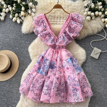 Women's Floral Ruffle V-Neck Cutout A-Line Dress - Additional View 9