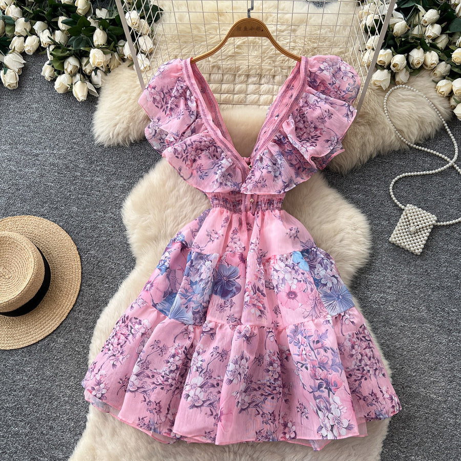 Women's Floral Ruffle V-Neck Cutout A-Line Dress - Additional View 9