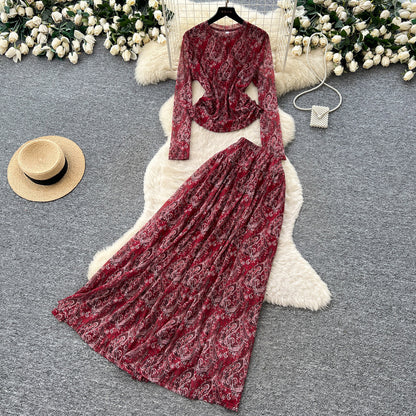 Women's Red Floral Print Vintage Two Piece Set - Detail View