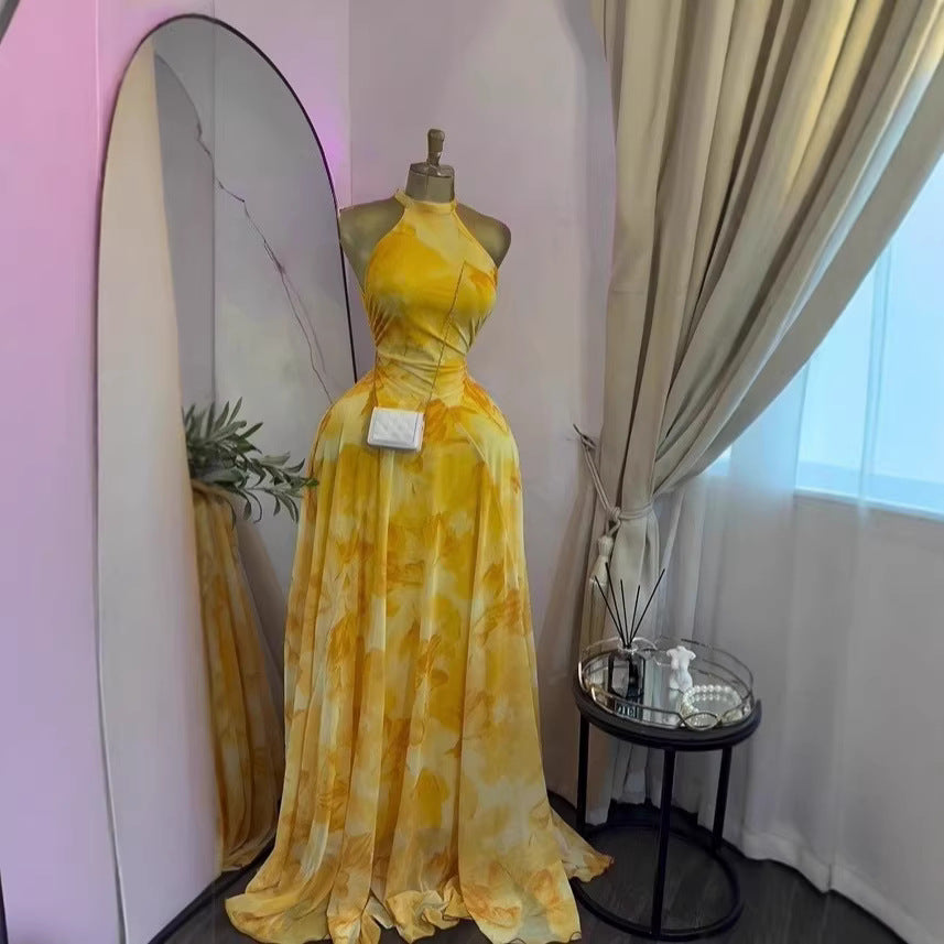 现货2026欧美女装连衣裙度假无袖印花甜美气质优雅收腰绑带长裙