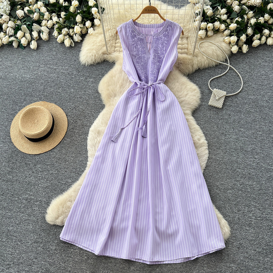Wholesale Women's Sleeveless Patchwork Slim Fit Dress Purple - Women's Wholesale Fashion - Model View