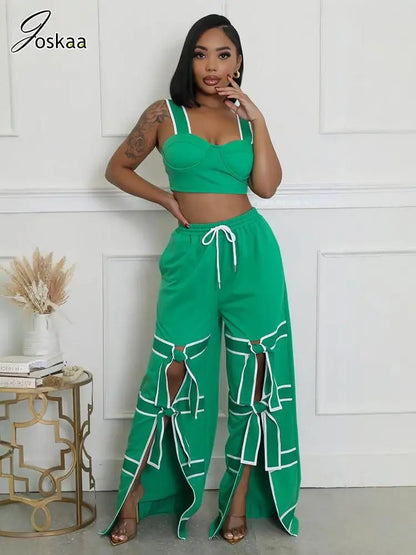 Women's Crop Flare Wide Leg Patchwork Two Piece Set Blue – Front View