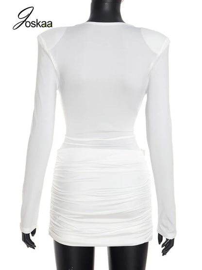 Women's Ruched V-neck Long Sleeve Bodycon Mini Dress - Detail View