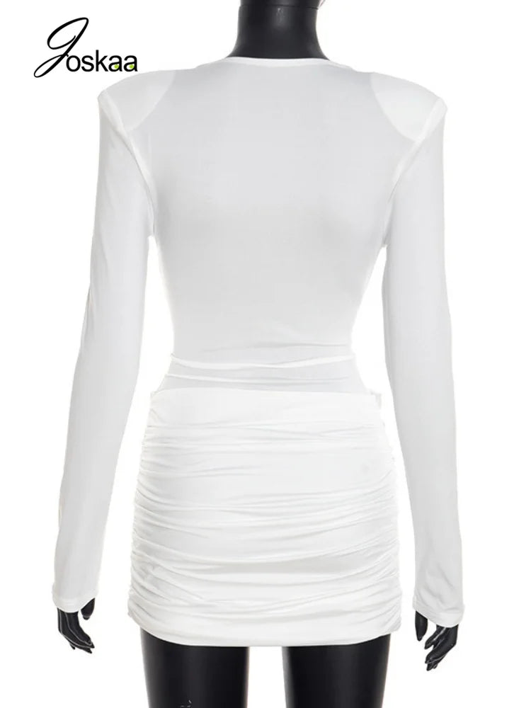 Women's Ruched V-neck Long Sleeve Bodycon Mini Dress - Detail View