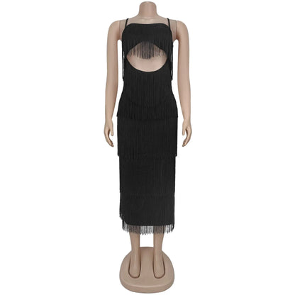 Women's Backless Cutout Long Fringe Strappy Maxi Dress