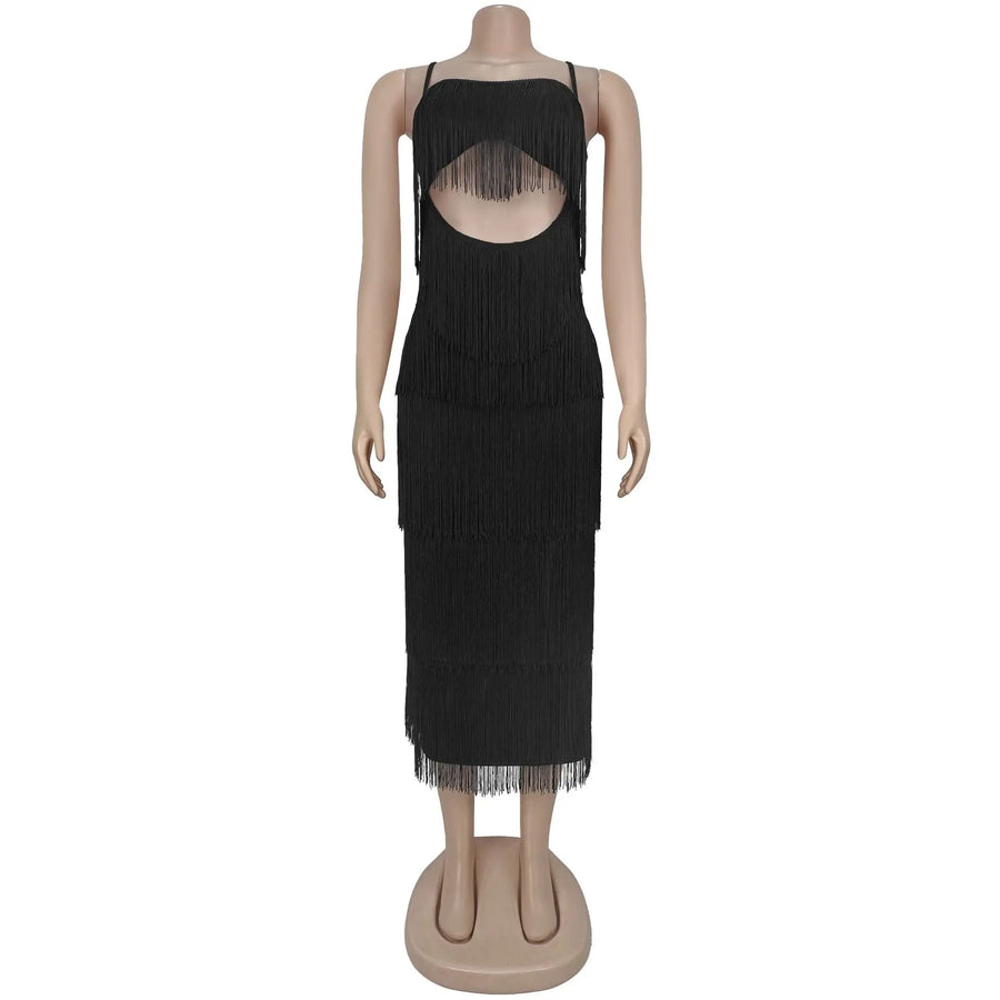 Women's Backless Cutout Long Fringe Strappy Maxi Dress