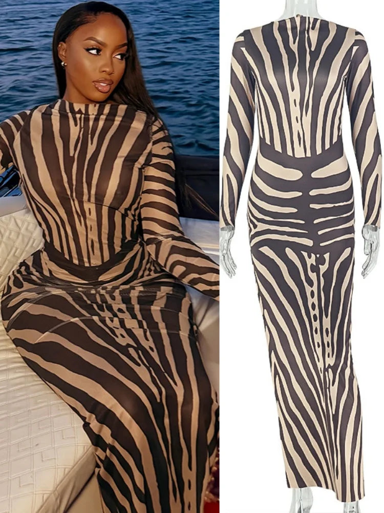 Women's Striped Backless Long Sleeve Bodycon Maxi Dress - Additional View 8