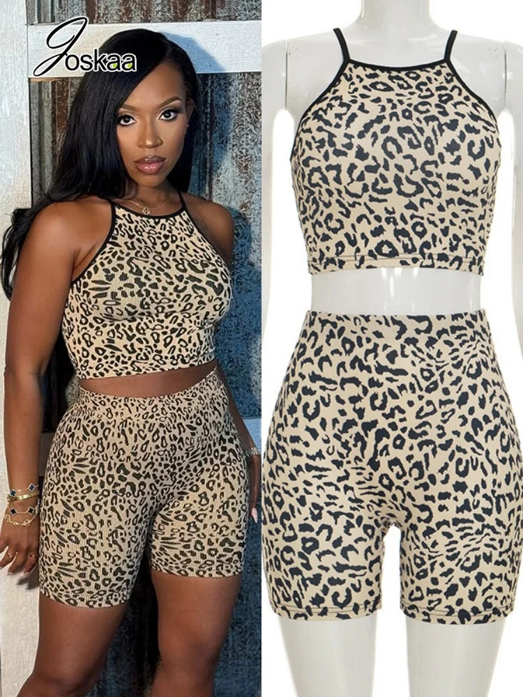 Women's Leopard Print Crop High Waist Two Piece Set – Women's Fashion Wholesale – Front View