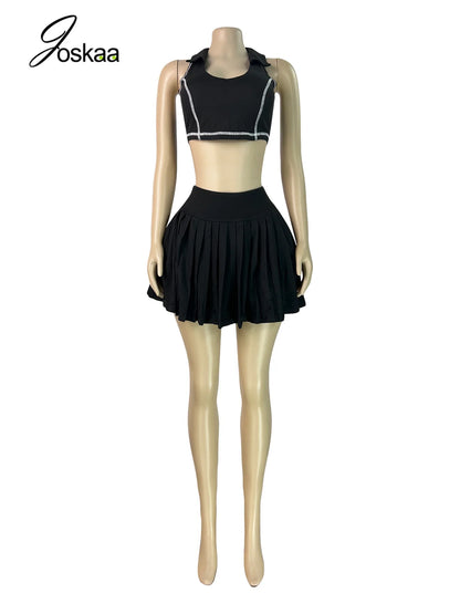 Women's High Waist Mini Pleated Two Piece Set Black – Back View