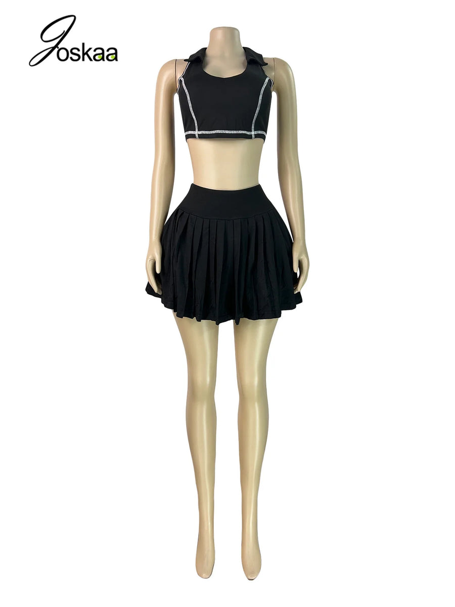 Women's High Waist Mini Pleated Two Piece Set Black – Back View