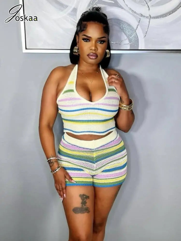 Women's Stripe Knit Backless Two Piece Set Light Green – Front View
