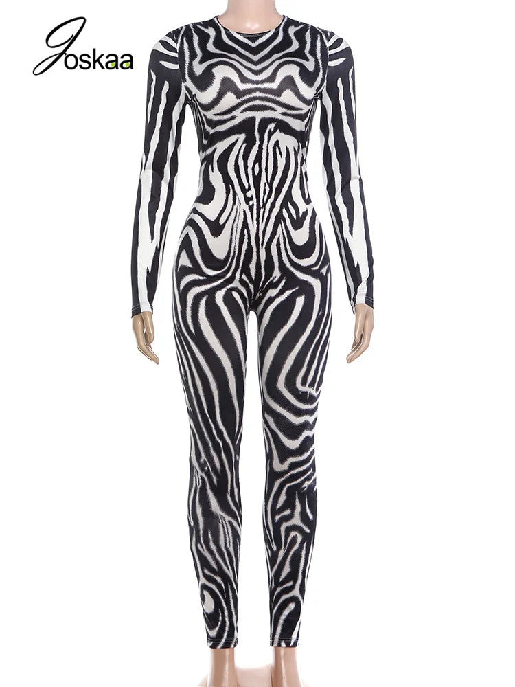 Women's Zebra Print Zip Up Long Sleeve Bodycon Romper - Back View