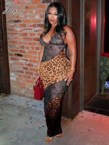 Women's Leopard Print Lace Bodycon Maxi Dress – Women's Fashion Wholesale – Front View
