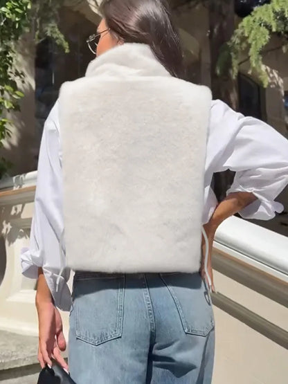 Women's Sleeveless Crop Faux Fur Sable Jacket Brown – Back View