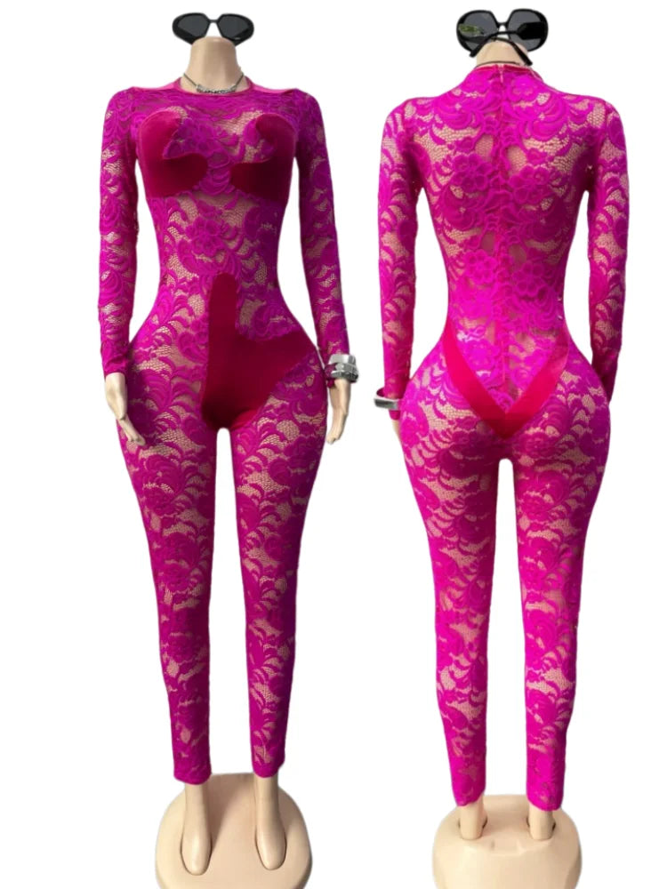 Women's Floral Print Lace Mesh Velvet Romper