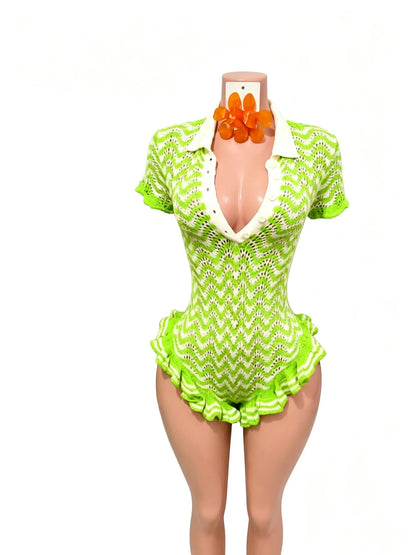 Women's Striped Ribbed Knit Bodycon Romper - Detail View 9